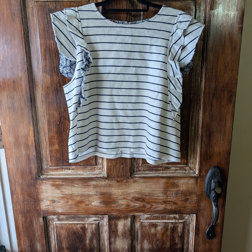 Elegant Black and White Striped Blouse with Ruffle Sleeves